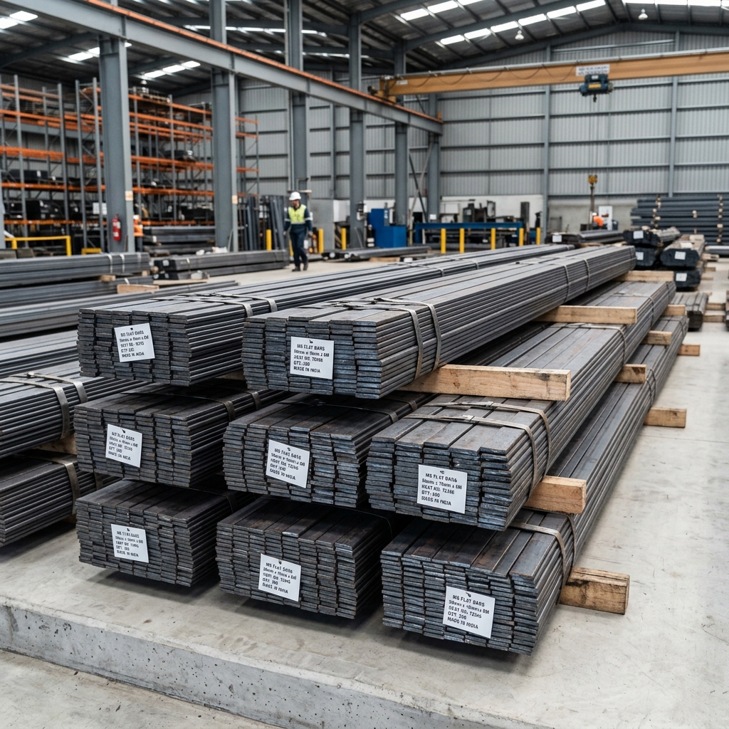 Mild Steel Flat Bars bundles stacked in steel warehouse yard - Mildsteelflat.com
